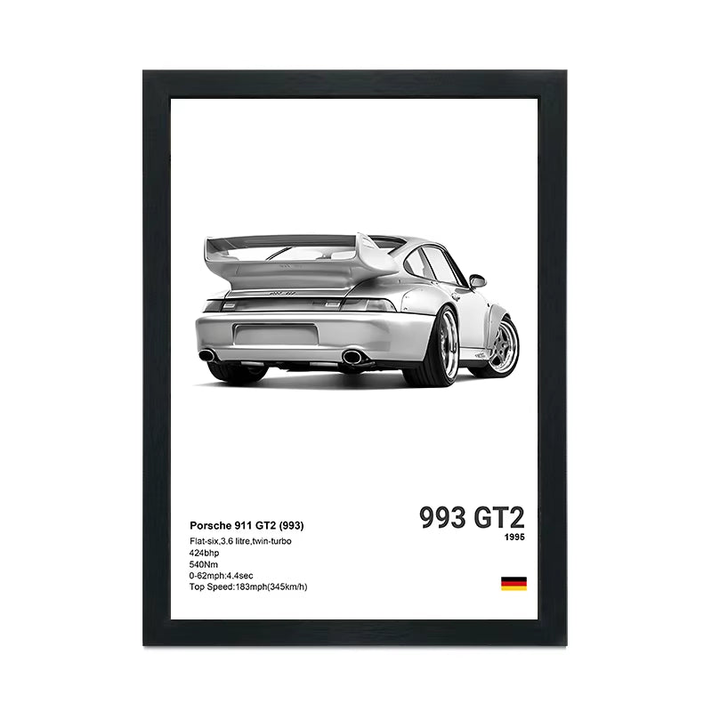 Black Frame + White Sports Car Poster (A4)