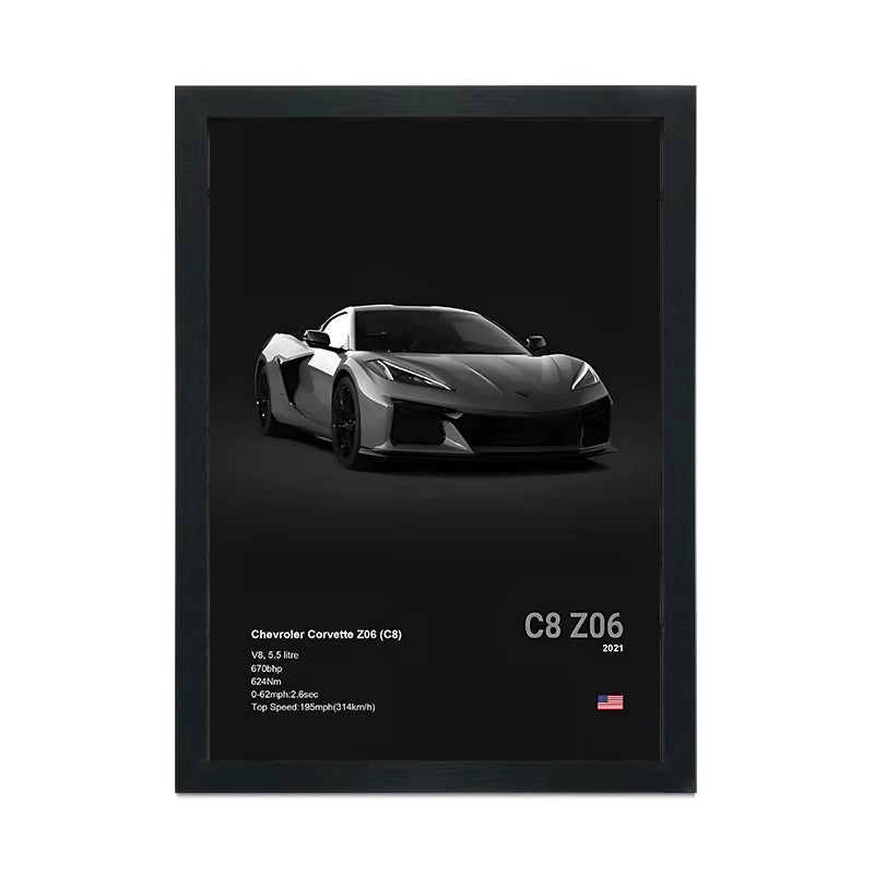 Black Frame + White Sports Car Poster (A4)